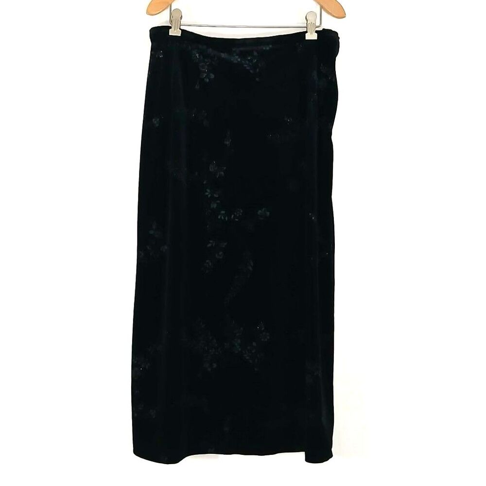 Vintage First Option Petite Velvet Floral Maxi Skirt Black Silver Accent 12P
